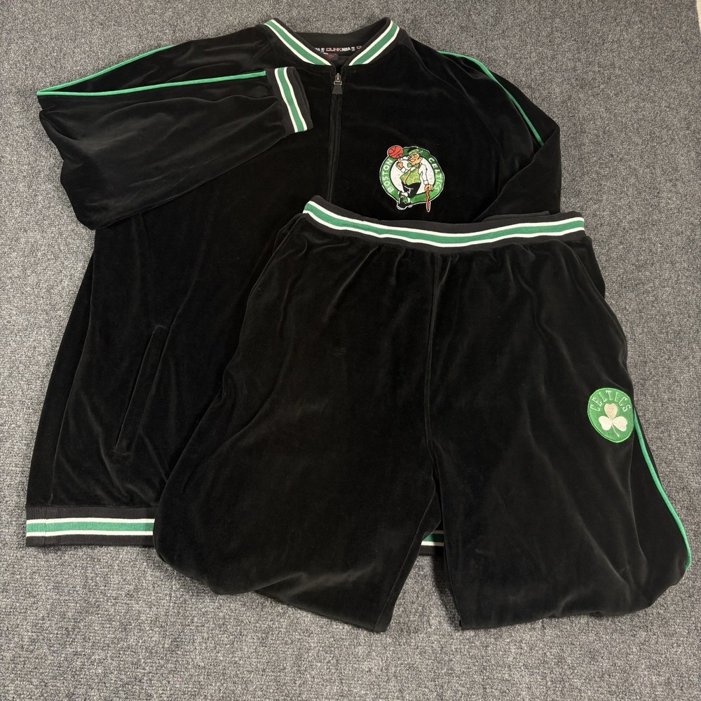 Vintage Y2K Celtics Logo DUNK NBA Velour Track Suit 2XL Black Green Hip‎ Hop